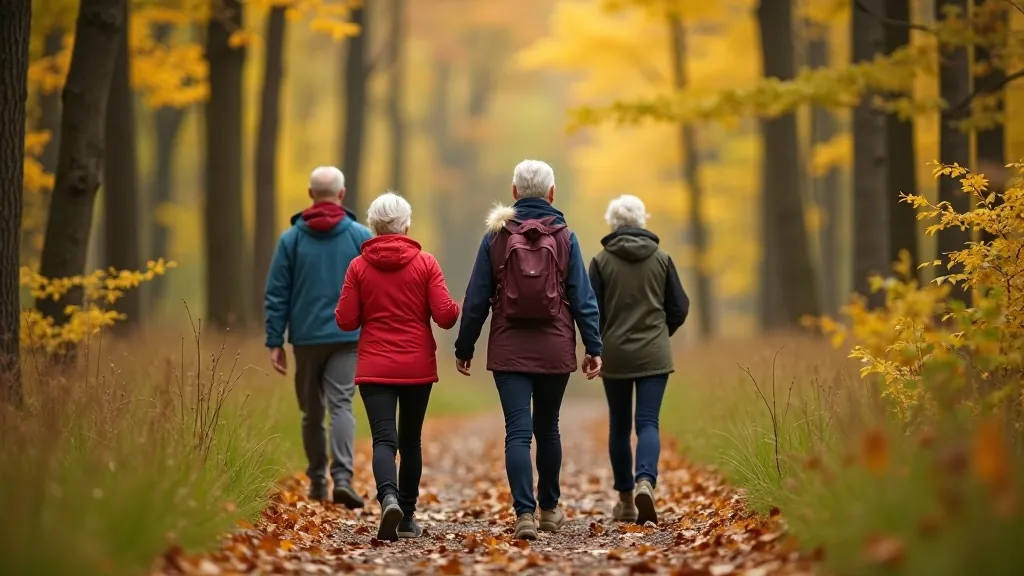 Seniori pastaigā Latvijas meža takā, priecīgi un aktīvi