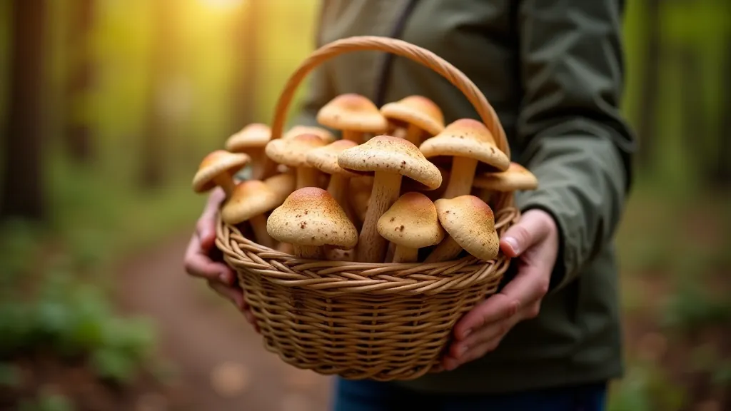 Sēņošanas groziņš ar beigtām sēņēm un meža fons, pavasara gaisma
