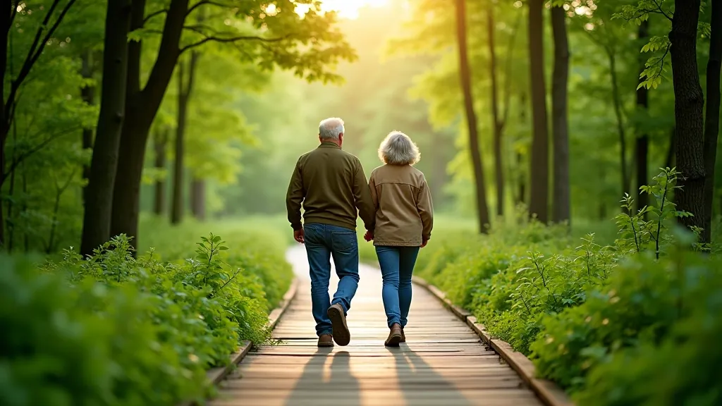 Seniori staigā pa boardwalku Ķemeru nacionālajā parkā, zaļš mežs apkārt