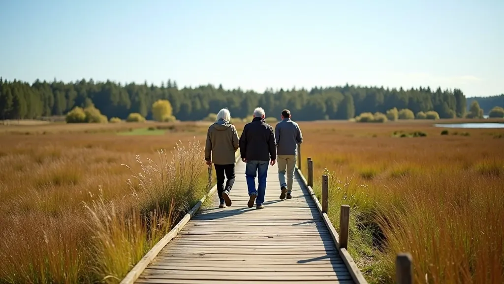 Seniori staigā pa koka boardwalku Ķemeru nacionālajā parkā, starp spīļu purviem